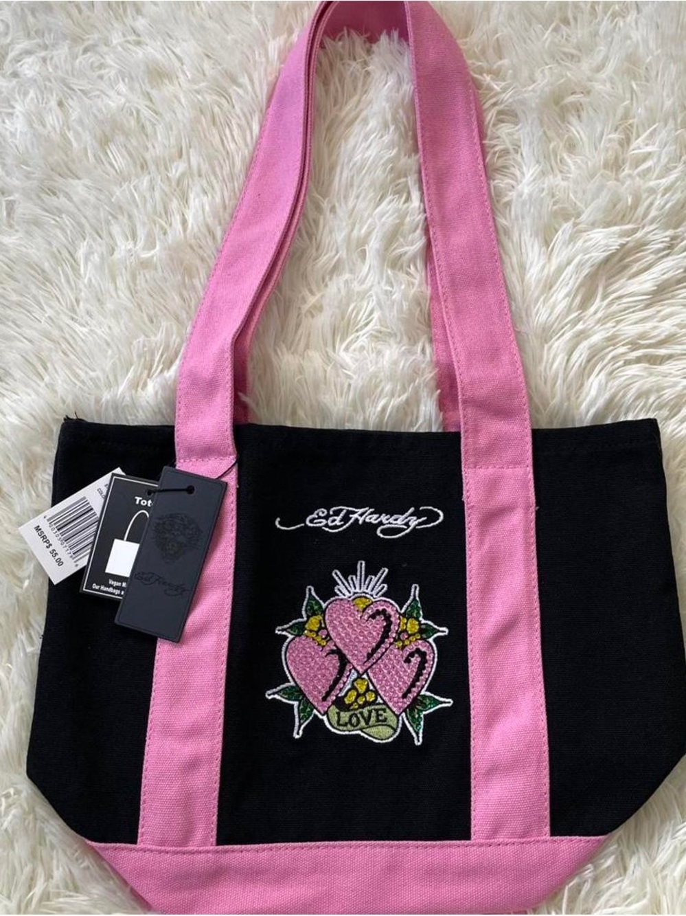 ED HARDY Black Canvas Tote with Pink Straps and Heart Embroidery
